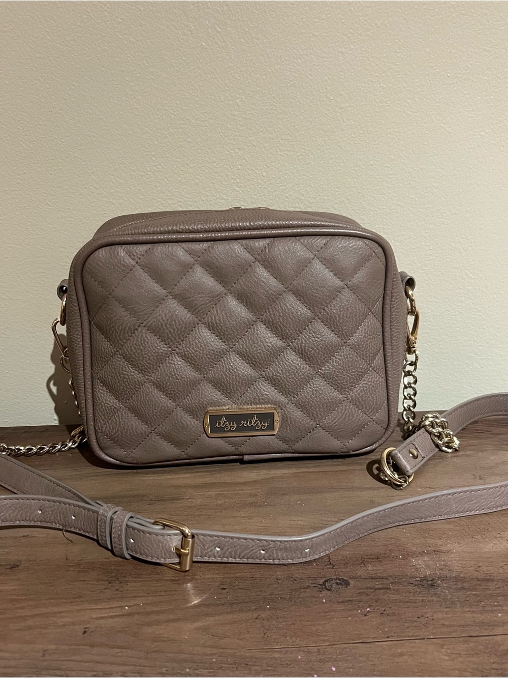 Itzy Ritzy Quilted Taupe Crossbody Diaper Bag with Gold Chain